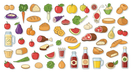 A diverse collection of colorful grocery essentials, from fresh produce and bakery goods to meat and beverages, depicted as simple flat icons