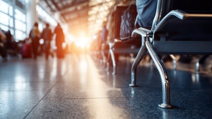 Crowds of travelers fill the airport terminal, eagerly waiting for flights as sunset casts warm light through the large windows, creating a lively atmosphere of excitement and anticipation