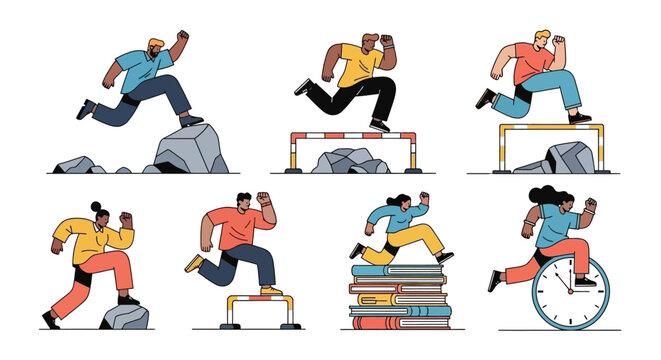 A diverse collection of illustrated characters overcoming various obstacles, symbolizing concepts like ambition, perseverance, and achieving success in life and business