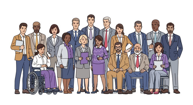 Diverse Group of Business Professionals Standing Together, Emphasizing Teamwork and Inclusivity in a Corporate Environment - Powered by Adobe