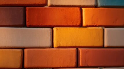 Obraz premium A close-up view of a textured wall with colorful bricks in shades of orange, peach, and beige, showcasing a vibrant and artistic design.