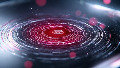 Abstract digital fingerprint scan with concentric glowing data streams and red bokeh lights, representing technology and security.