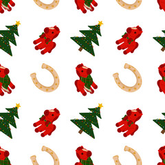 The design showcases a cheerful repeating pattern with red horses, Christmas trees, and horseshoes, perfect for New Year's and holiday decor. Bright colors add festive joy to any setting.