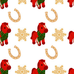 This festive design features a repeating pattern of playful red horses dressed in green scarves, snowflakes, and lucky horseshoes, perfect for holiday decorations and crafts.