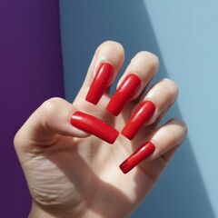 Close-up of a hand with long red glossy acrylic nails against a neutral background, showcasing elegant manicure style.