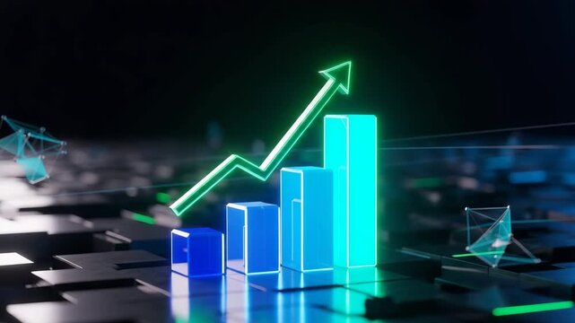 Glowing blue bar chart with green upward arrow symbolizing business growth and financial success on a dark tech background