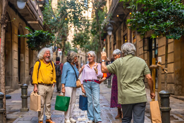 Senior friends greeting and shopping on urban street