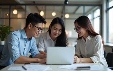 Business co-working team brainstorming at office. Asian business colleagues working together on laptop computer, make a discussion on office table, planning and researching process. High quality