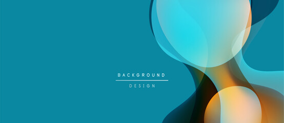 Abstract background features flowing shapes, turquoise hues, orange accents. Modern design evokes fluidity, dynamism, simplicity.