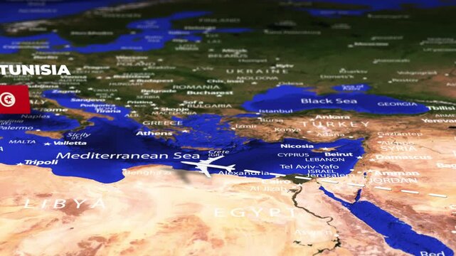 Flight from Abu Dhabi UAE to Tunis TUNISIA with flag pins