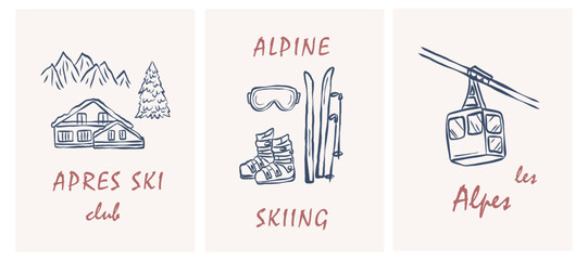 Hand drawn doodle apres ski posters set