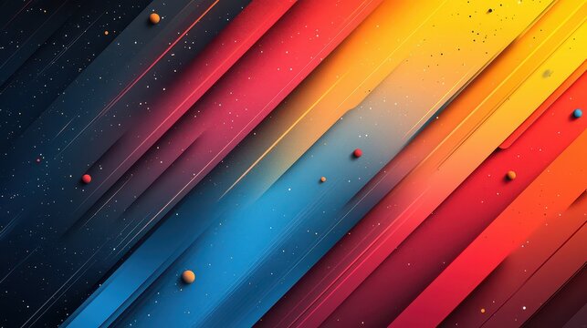 Abstract diagonal lines, vibrant colors, scattered spheres. - Powered by Adobe