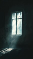 A dark room illuminated by soft sunlight streaming through a single window, creating dramatic shadows and a mysterious atmosphere.