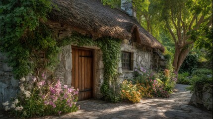Fototapeta premium A quaint stone cottage with a thatched roof and a vibrant flower garden The rustic wooden door is