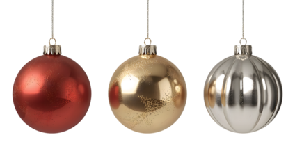Three festive christmas ornaments, red, gold, and silver, holiday decor