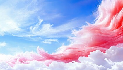 Abstract, surreal pink and white clouds drift across a vibrant blue sky, creating a dreamlike and ethereal atmosphere.
