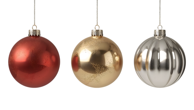 Three festive christmas ornaments, red, gold, and silver, holiday decor