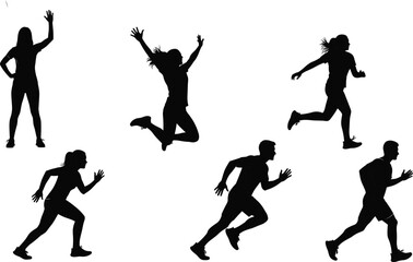 Silhouettes of Energetic Men and Women Running, Jumping, and Celebrating Success in Various Sprint and Athletic Poses Vector Pack on White Background.