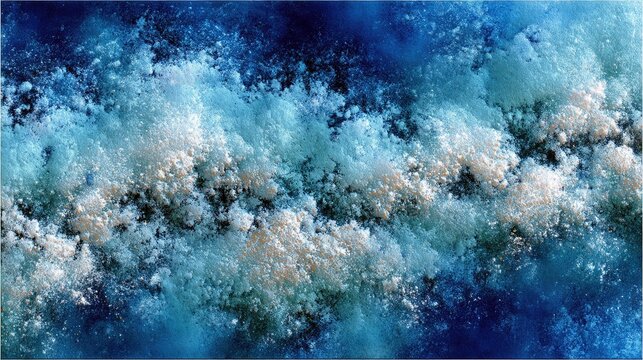 An abstract close-up of turbulent water with white foam and bubbles against a deep blue background, creating a dynamic and textured effect.