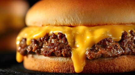 Delicious cheeseburger with melted cheese dripping over a juicy grilled meat patty and toasted bun