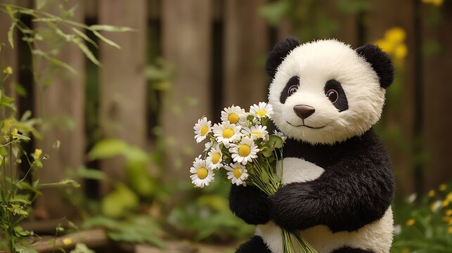Stuffed panda holding a bouquet of daisies