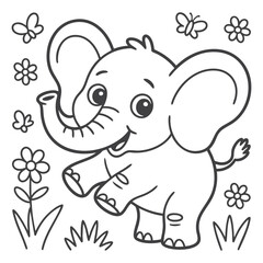 Playful Baby Elephant with Flowers and Butterflies