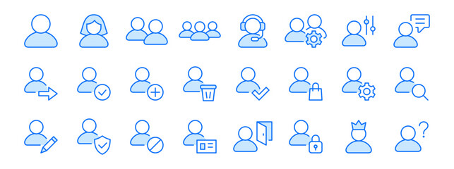 User account line icon set. Profile, login, admin, settings, security minimal vector illustrations. Simple outline signs for web interface. Blue color. Editable Stroke
