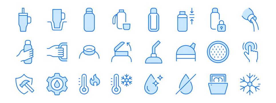 Thermos and travel mug line icon set. Tumbler, flip lid, straw spout, lock cap, dishwasher safe vector illustrations. Simple outline signs for beverage containers. Blue color. Editable Stroke
