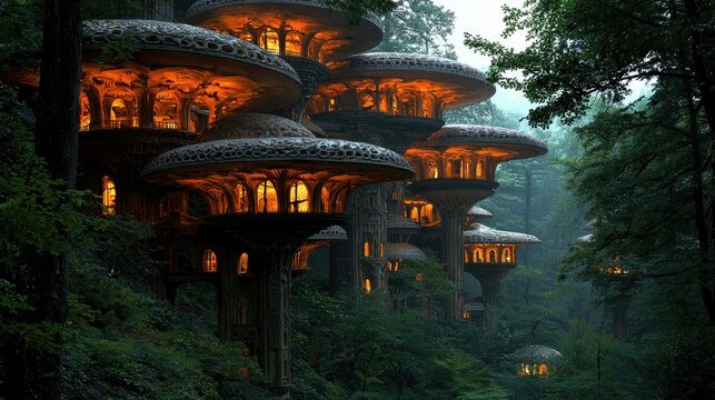 A surreal village of mushroom-shaped structures nestled on a hillside in a dense, misty forest. The structures have multiple levels with arched windows that emi
