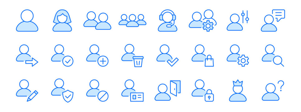 User account line icon set. Profile, login, admin, settings, security minimal vector illustrations. Simple outline signs for web interface. Blue color. Editable Stroke