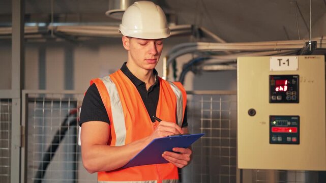 Diligent engineer records crucial data, focusing intently. The industrial setting highlights importance of precision and safety, conveying confidence and responsibility.