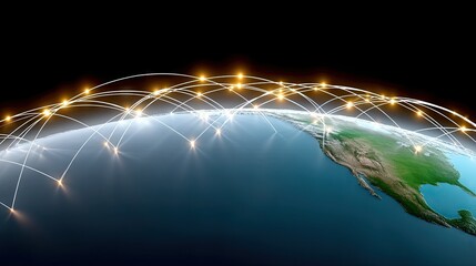 A digital representation of Earth, focusing on North America, with a luminous network of lines and glowing nodes connecting various points across the globe agai