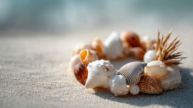 A beach scene with a shell wreath on the sand