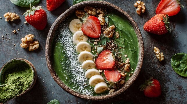 Green smoothie bowl with fresh strawberries, banana, walnuts, coconut flakes, and granola for a healthy breakfast
