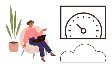 Woman using a laptop while sitting in an armchair, with a potted plant, cloud icon, and performance gauge. Ideal for productivity, technology, remote work, efficiency, analytics data and innovation