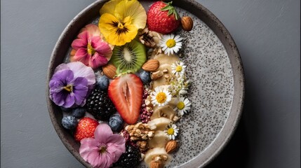 Chia pudding bowl featuring fresh fruits, nuts, and edible flowers for a colorful healthy breakfast or dessert