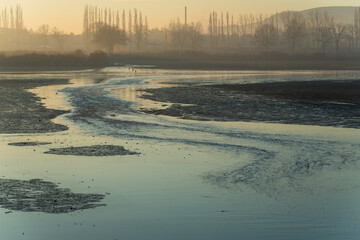 Jesienny krajobraz spowity delikatną mgłą o świcie. Miękkie, pastelowe światło poranka podkreśla jesienne barwy i tworzy spokojną, nastrojową scenerię. © Elżbieta Kaps