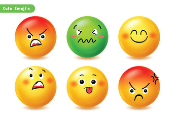 A vector set of six expressive 3D emojis showcasing diverse emotions, including two angry/furious red, a sick/nauseous, happy, surprised, and tongue-out expressions, perfect for social media graphics.