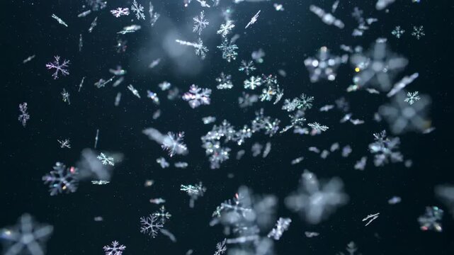 Magical winter christmas footage showing falling snow crystals and serene snowflake patterns against dark background for peaceful holiday celebration