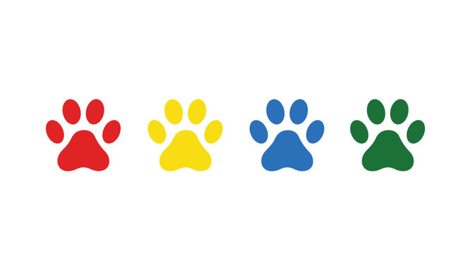 Colorful paw prints in red yellow blue and green create a playful pet-friendly design for animal lovers branding or veterinary services, Generative AI.