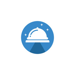 Blue circular flat design icon featuring a shiny food cloche on a tray for restaurant, hotel, and food delivery concepts