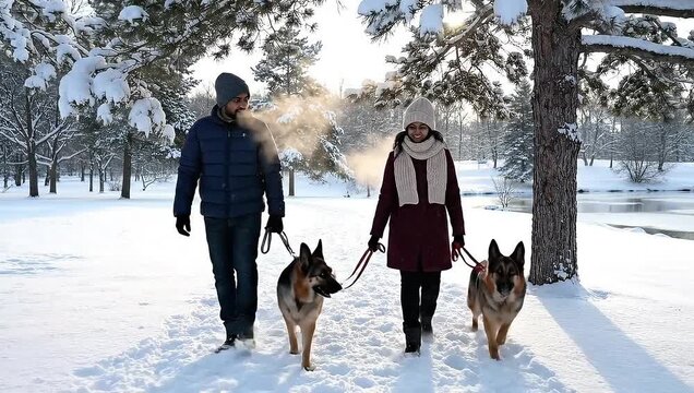 A couple walking their dogs in a snowy park on a sunny winter day.