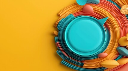 An abstract, 3D rendered image featuring a central teal circular shape resembling a speech bubble, surrounded by concentric rings of colorful abstract elements