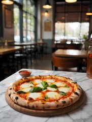 Authentic Neapolitan Pizza with Fresh Basil and Mozzarella on Marble Table