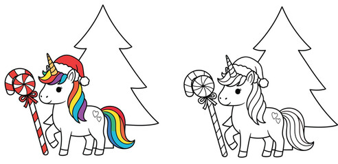 Christmas unicorn coloring page vector. Cute pony with rainbow hair and Santa hat holding a candy cane. Winter holiday activity for kids. Line art and colored version.