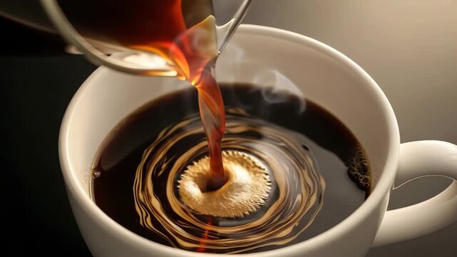 Freshly brewed coffee pouring into a white mug creating swirls close up