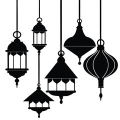 Hanging silhouette lanterns in various shapes symbolize traditional Islamic festive celebrations and cultural appreciation
