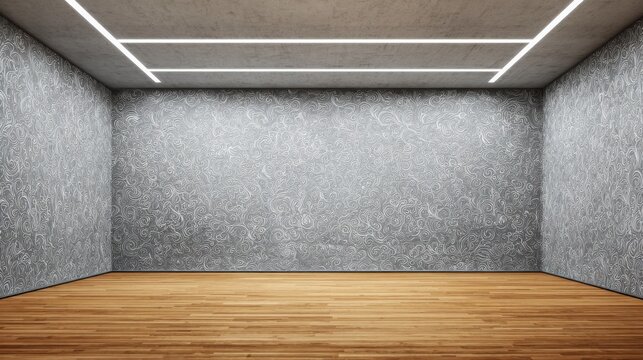 a large wall with gray wallpaper, wooden floor, and a ceiling with strip lights, an empty room mock-up interior design concept.