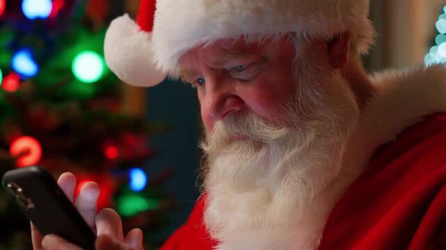 Santa Claus using a smartphone app to control smart Christmas lights. A techie and festive holiday setup scene.