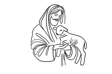 Jesus the Good Shepherd Holding a Lamb — Minimalist One-Line Christian Illustration, Faith and Protection Artwork